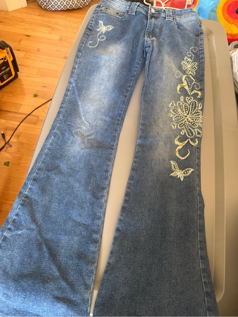 ROMWE Blue Flare Jeans with Yellow Floral Rhinestone Detail